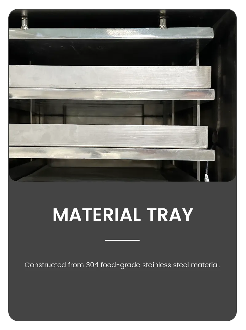Component detail card highlighting layered 304 food-grade stainless steel material trays inside a professional vacuum freeze dryer lyophilizer chamber.